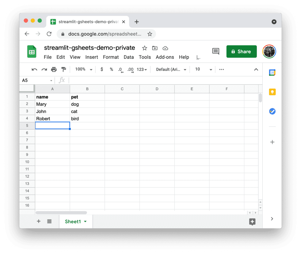 Google sheet screenshot