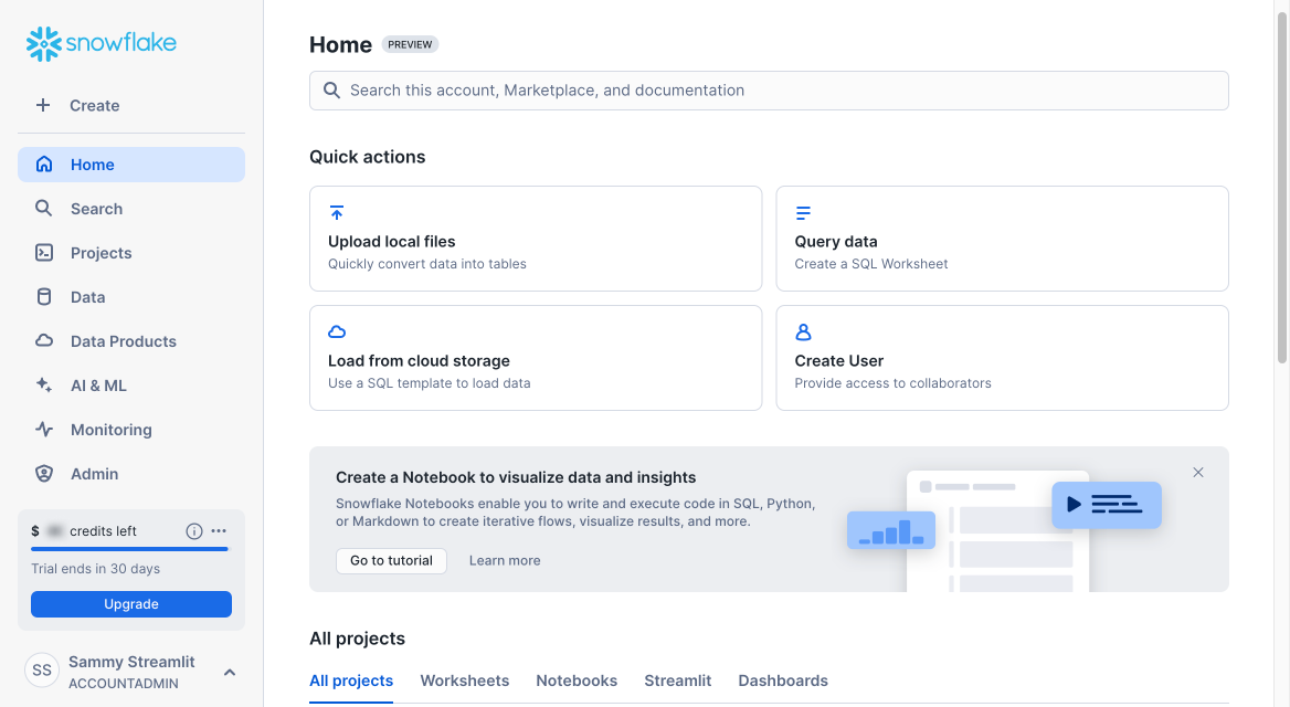 Sample databases in your new trial Snowflake account