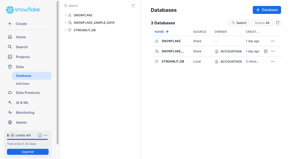 New database in your new trial Snowflake account