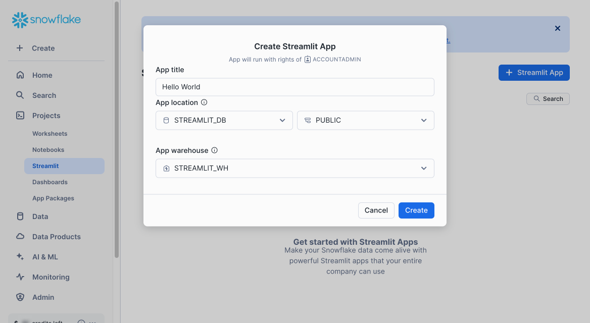 Create your first Streamlit in Snowflake app