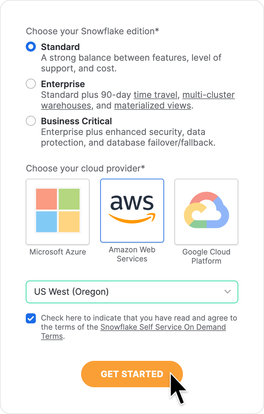 Choose your Snowflake edition, provider, and region