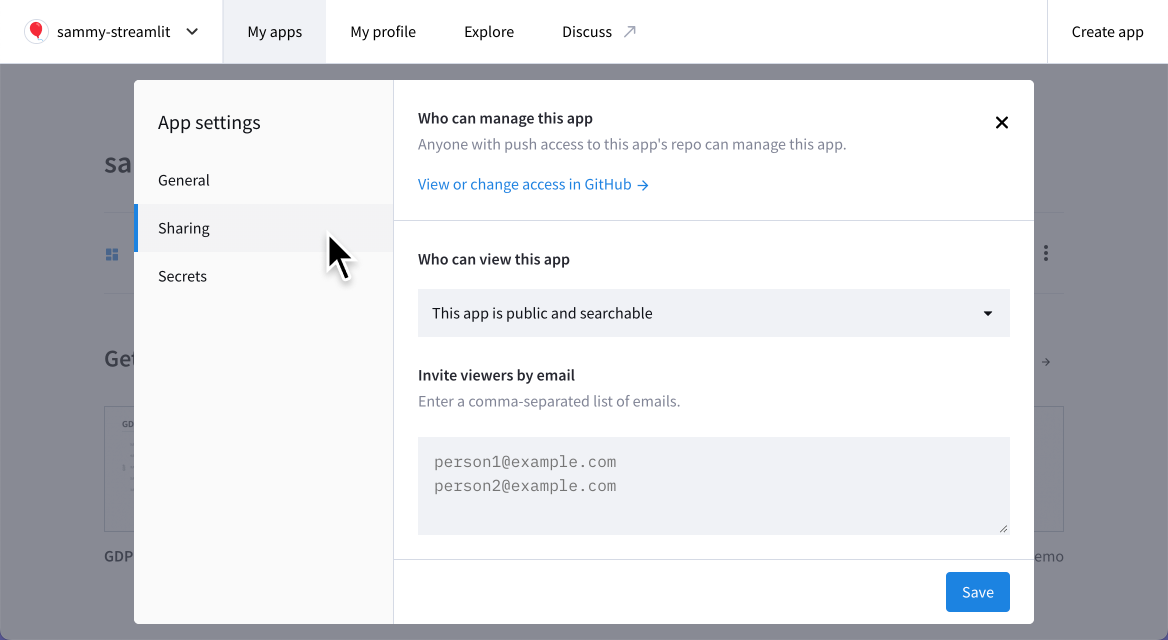 Share settings on Streamlit Community Cloud