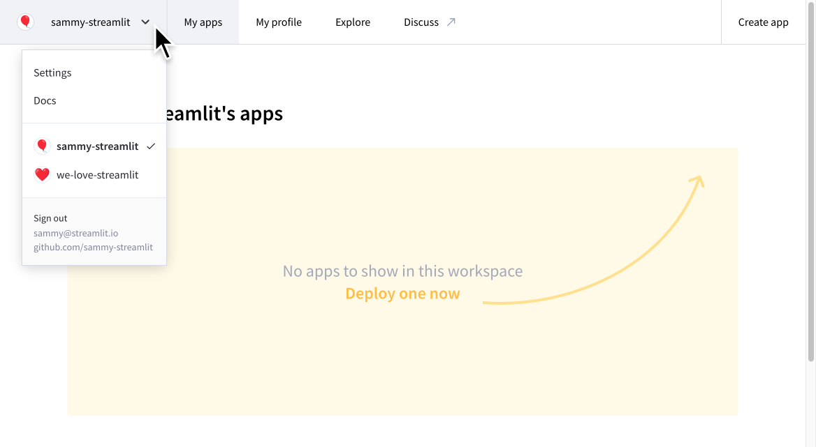 This workspace is for the user sammy-streamlit, who has access to their personal workspace and another workspace for the organization we-love-streamlit.