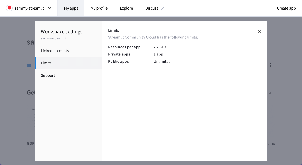 Resource limits displayed in workspace settings