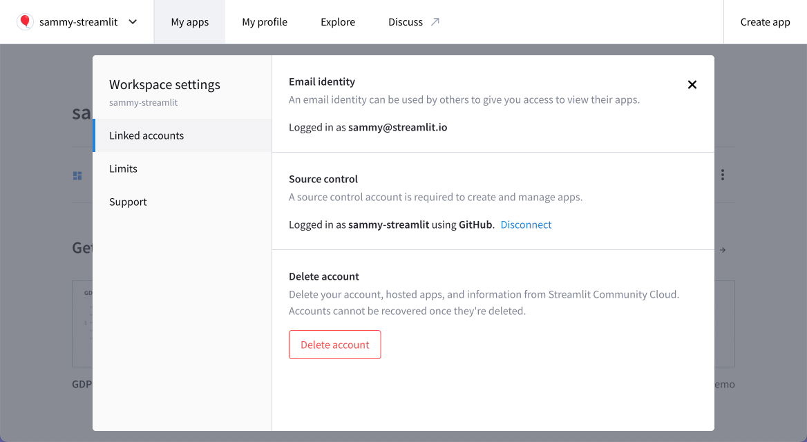 Delete your Streamlit Community Cloud account from your workspace settings